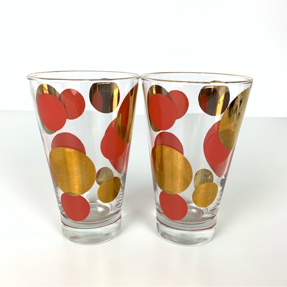 Pair Russel Wright Eclipse Polka Dot Gold Red Highball Tumbler Vtg MCM Set 2
